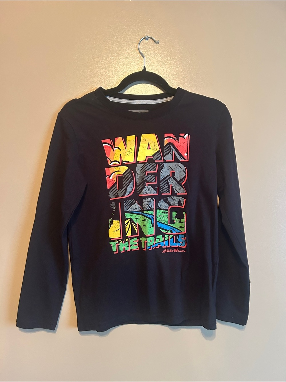 Eddie Bauer Black Long-Sleeve Tee with Multicolor 'Wandering The Trails' Graphic